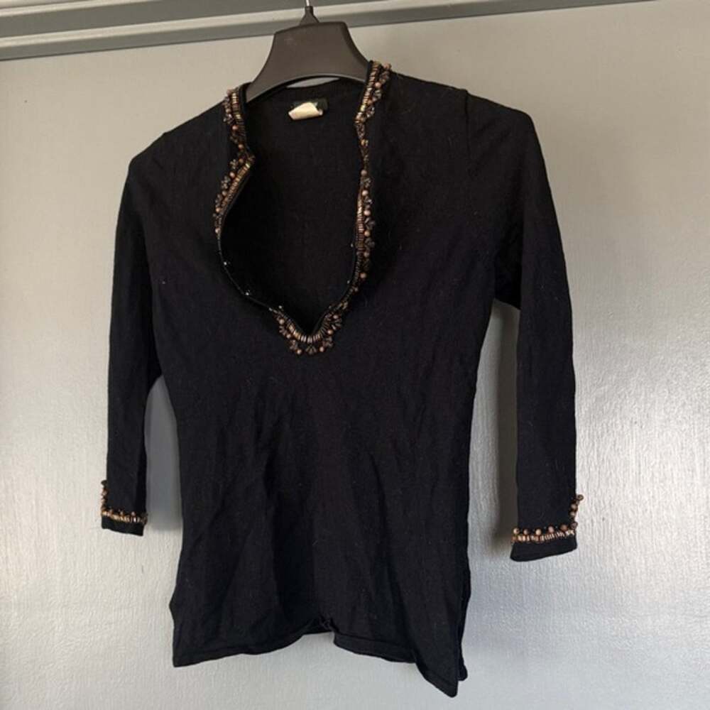 J. Crew Women's Black Pullover Sweater 100% Wool Beaded V-Neck Long Sleeves sz M
